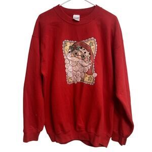 Y2K Red Santa Claus Christmas Holiday Crewneck Grandma Sweater Size L‎